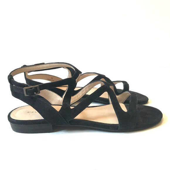 Pelle Moda Baron Sandals Womens 7 Black Suede Buckle Open Toe Flats Criss Cross - Picture 9 of 9